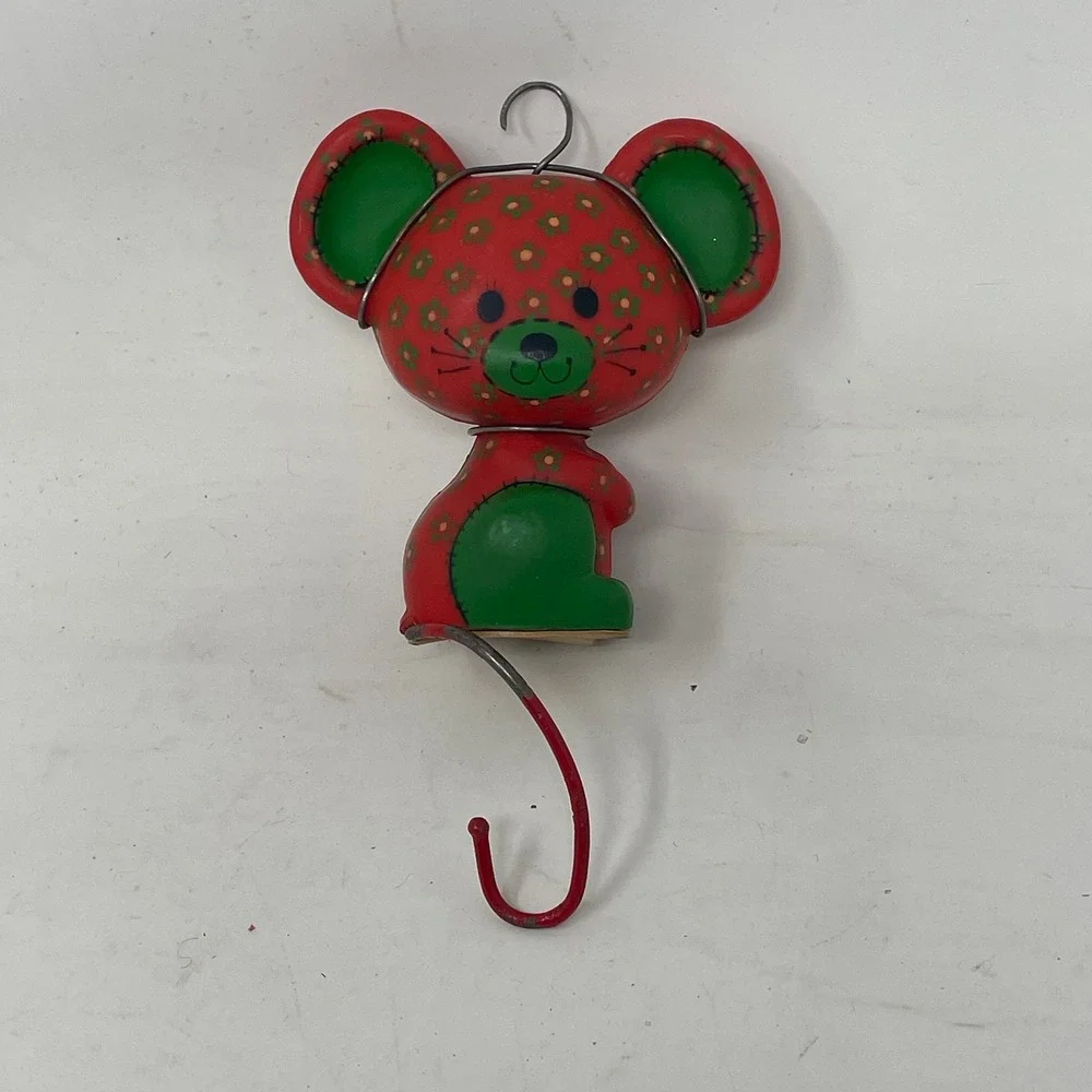 Vintage Mouse Christmas Ornament Red Green Floral Pattern Retro Whimsical Decor